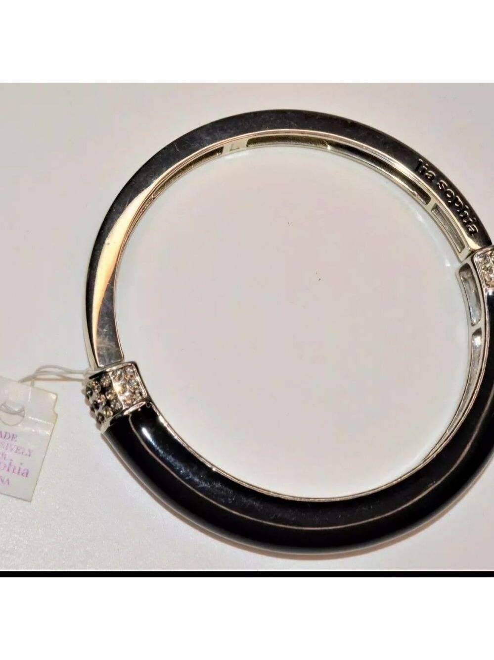 LIA SOPHIA Silvertone Black Enamel Rhinestone 2 3/4"d Bangle Bracelet NWT - Picture 2 of 3
